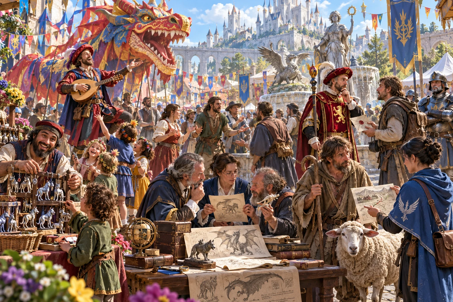 Market visitors compare a wolf drawing with a dragon story during a crowded parade.