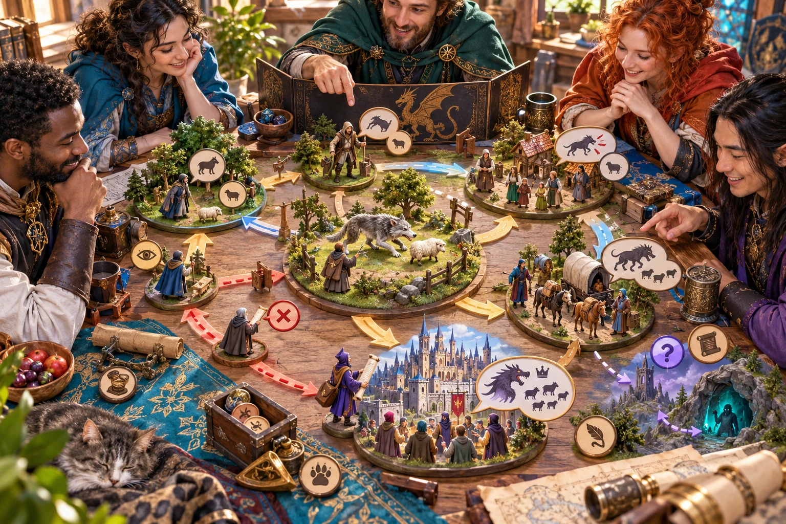 Players follow a story through connected miniature scenes showing changing wolf and dragon accounts.